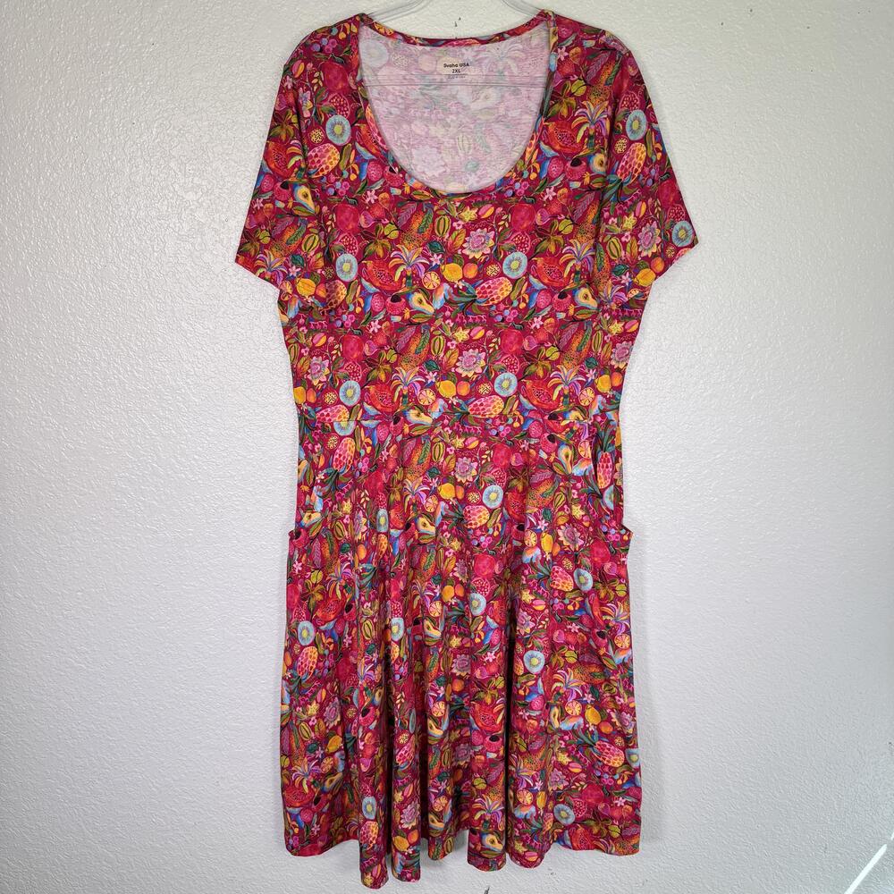 Svaha Dress Womens 2XL Fancy Fruits Twirl Pockets Organic Cotton Colorful Artsy